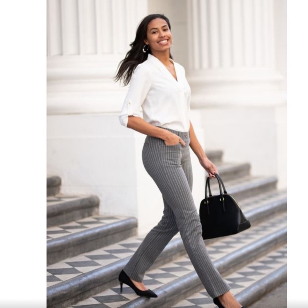 Betabrand Straight Leg Pullover Striped Gray White Pants